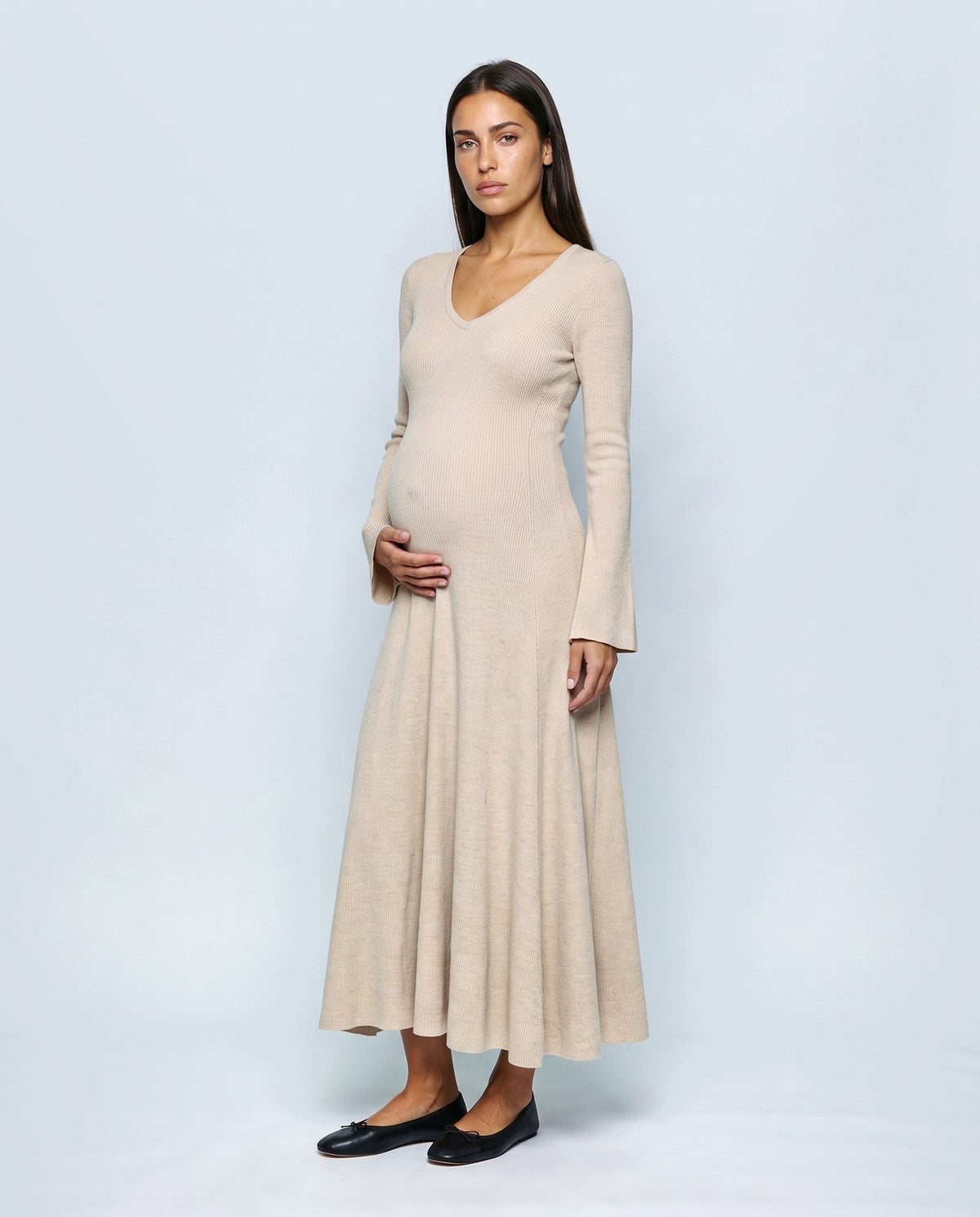 Margot V-Neck Dress in Apricot beige, front view