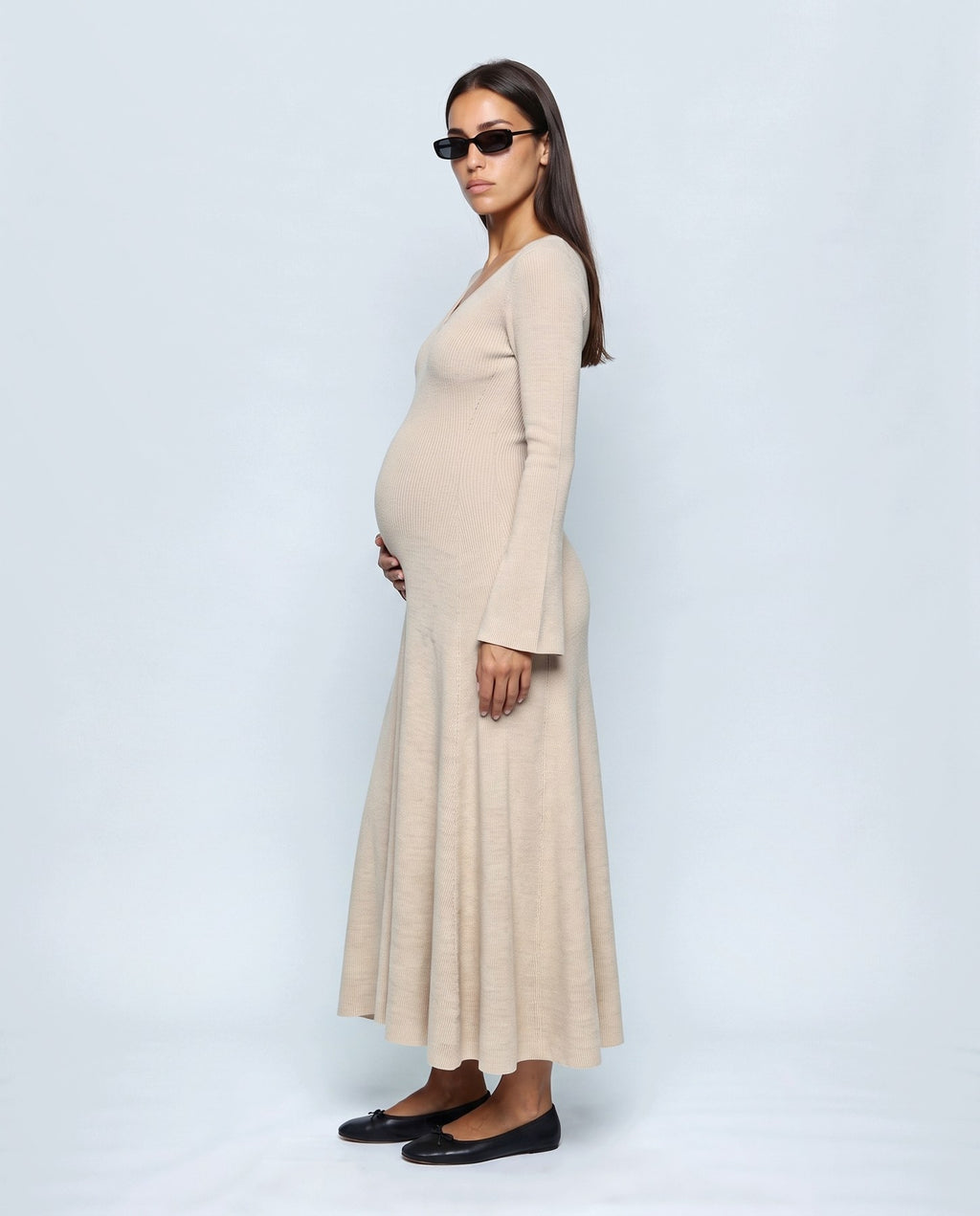 Margot V-Neck Dress in Apricot beige, side view