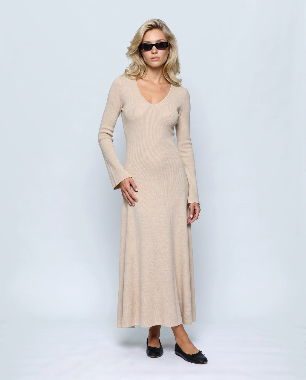Margot V-Neck Dress in Apricot beige, front view on a non-pregnant model