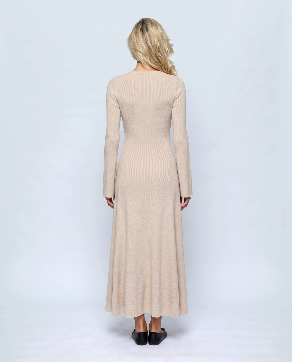 Margot V-Neck Dress in Apricot beige, back view on a non-pregnant model