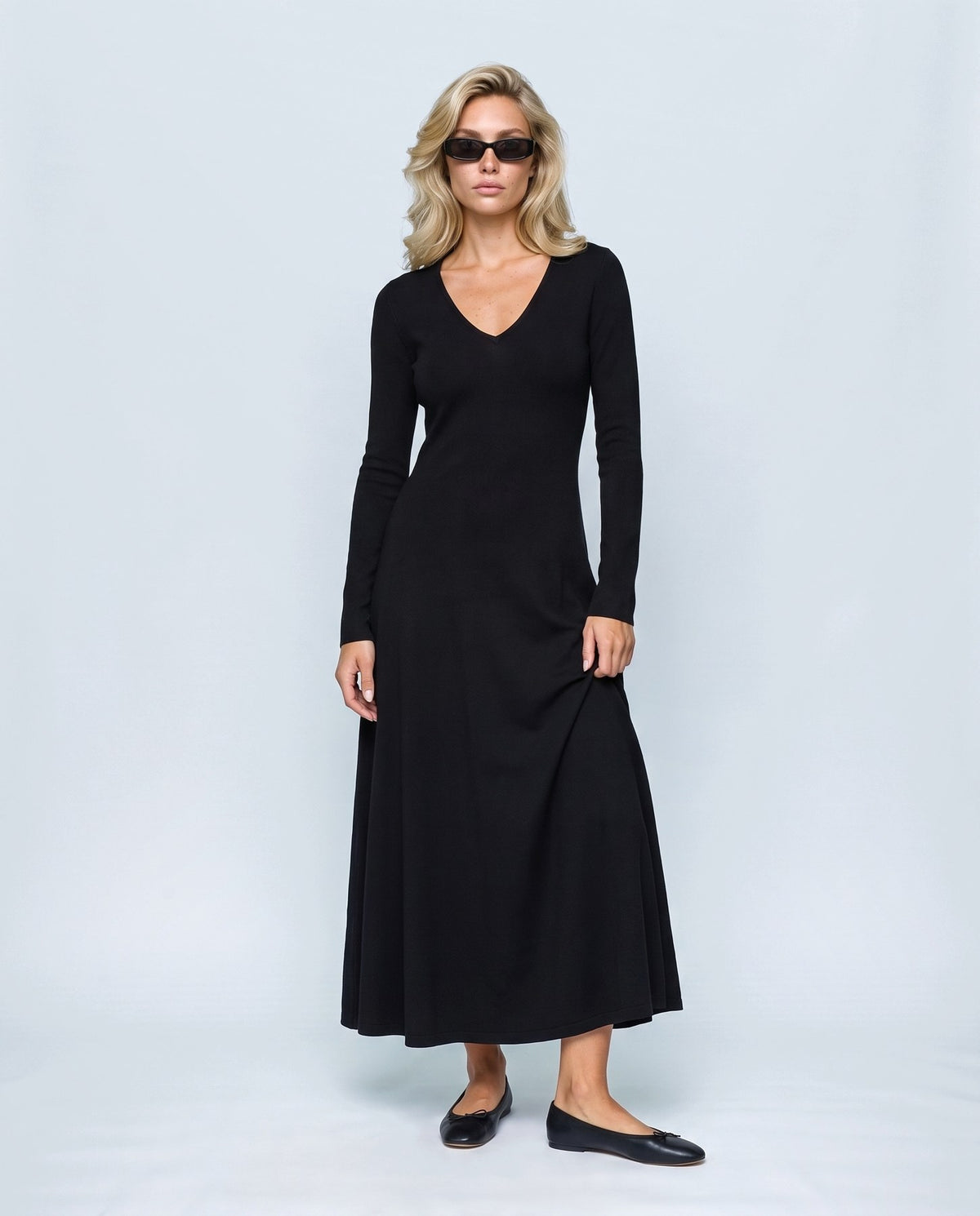 Margot V-Neck Dress in Black, front view on a non-pregnant model