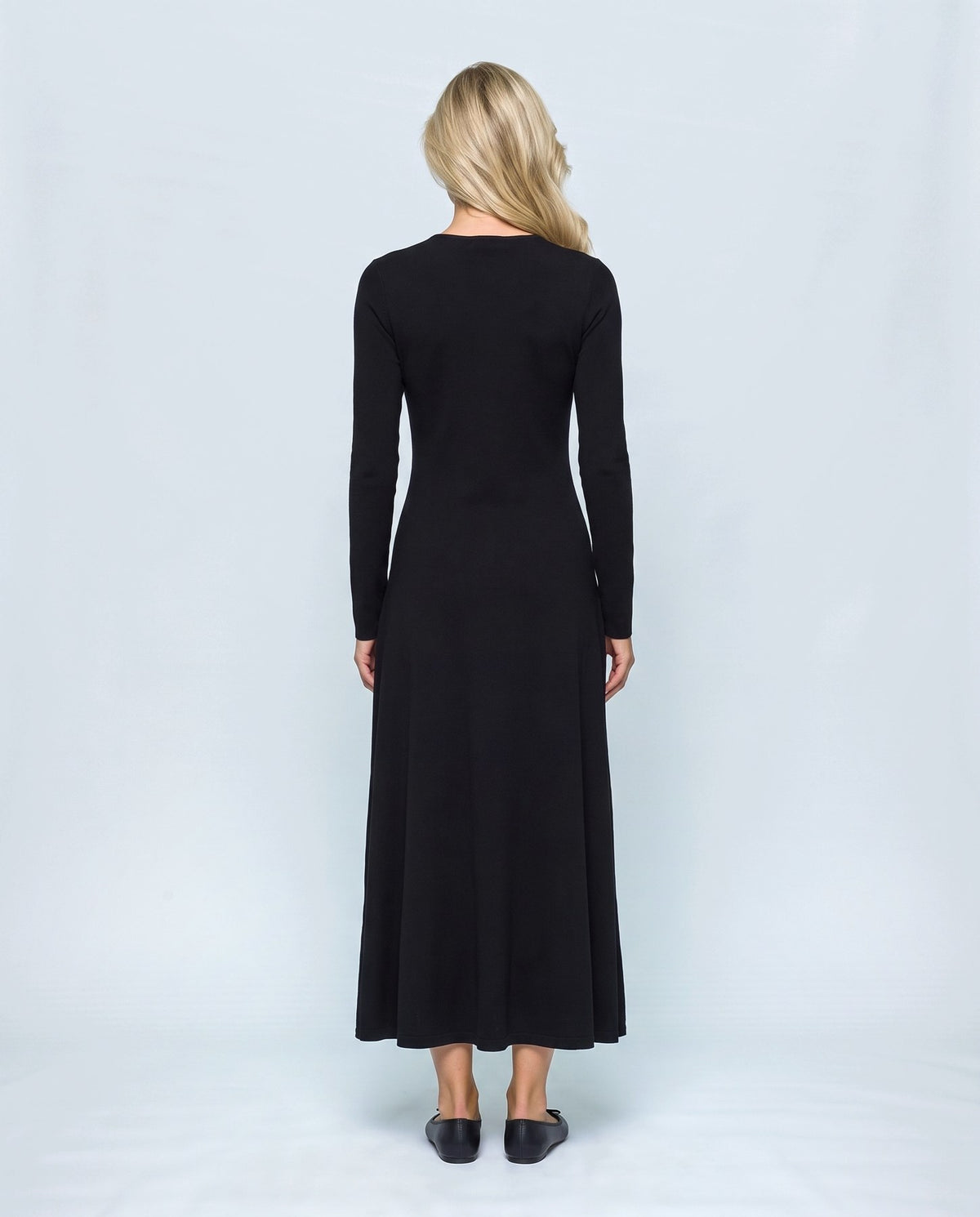 Margot V-Neck Dress in Black, back view on a non-pregnant model