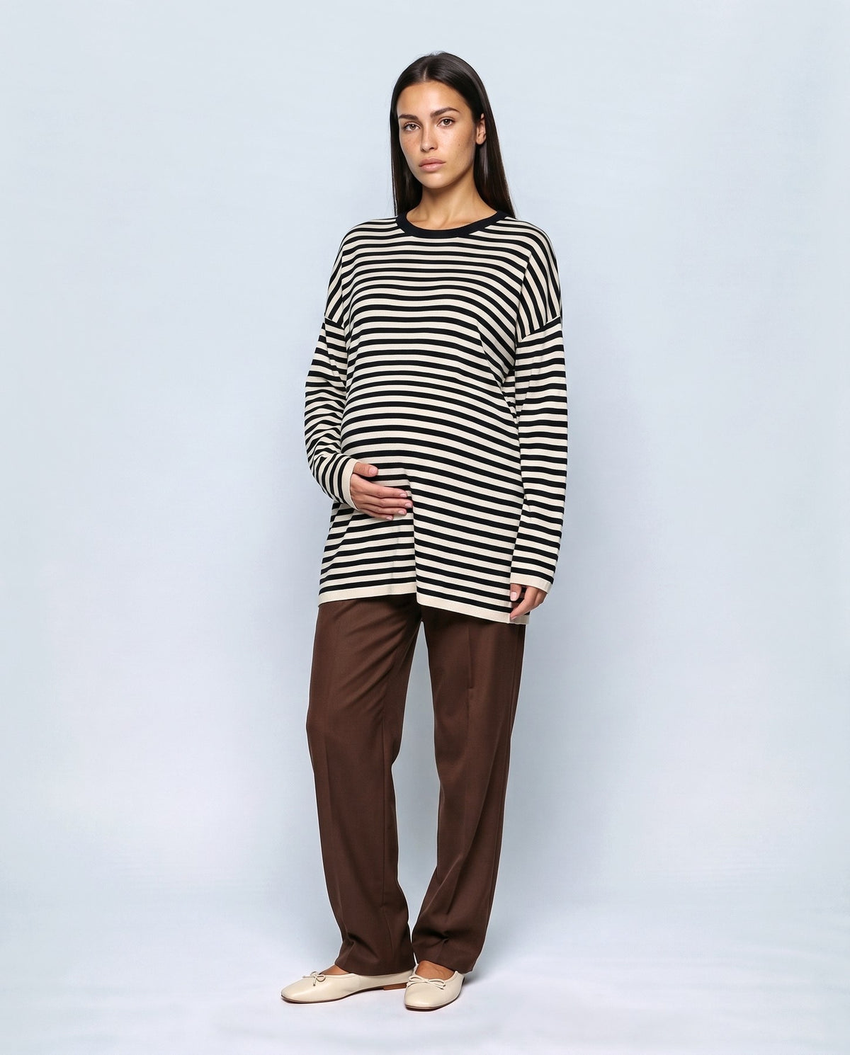 Marin Striped V-Neck Top in Black stripe, front view