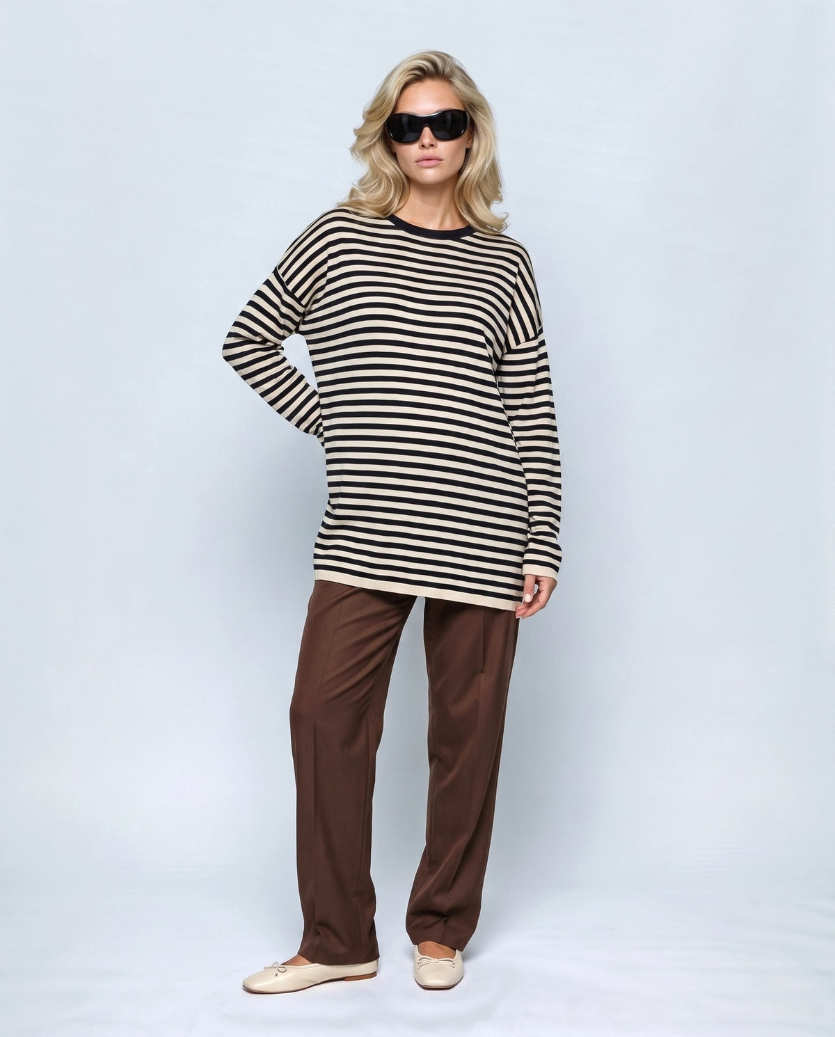 Marin Striped V-Neck Top in Black stripe, front view on a non-pregnant model