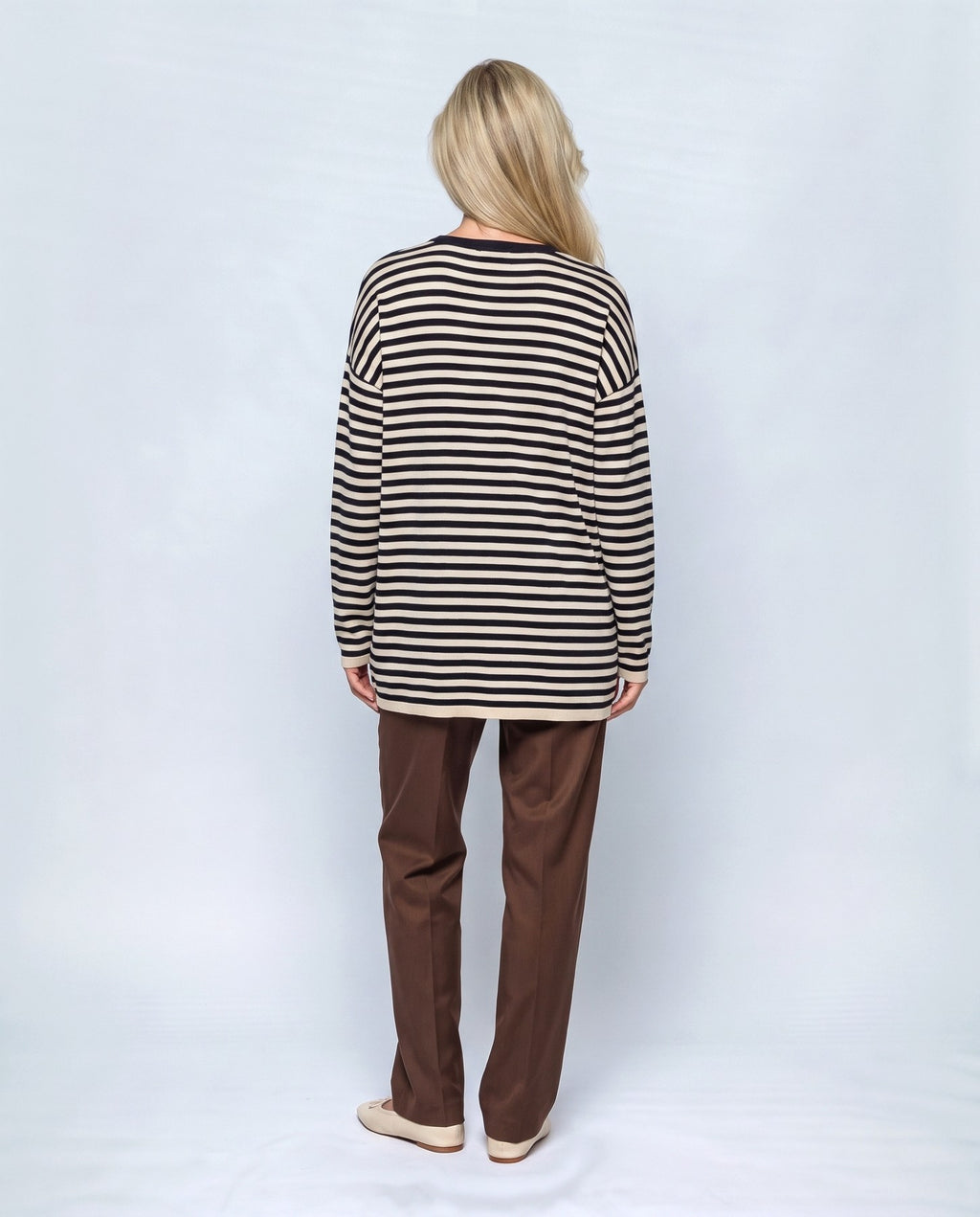 Marin Striped V-Neck Top in Black stripe, back view on a non-pregnant model