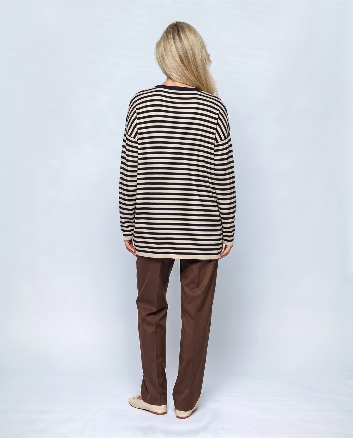 Marin Striped V-Neck Top in Black stripe, back view on a non-pregnant model