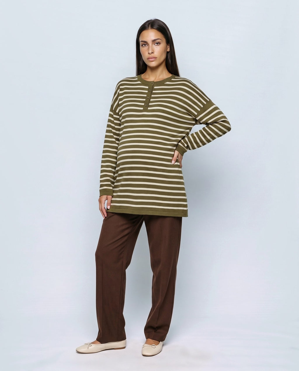 Marin Striped V-Neck Top in Olive stripe, front view