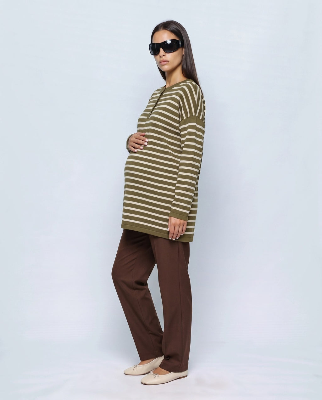 Marin Striped V-Neck Top in Olive stripe, side view
