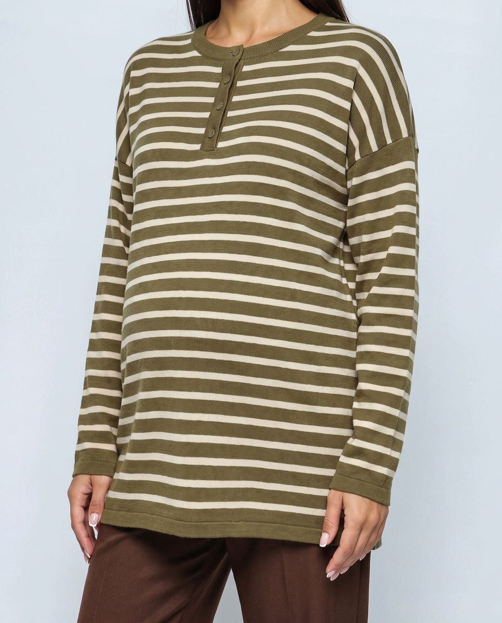 Marin Striped V-Neck Top in Olive stripe, fabric detail
