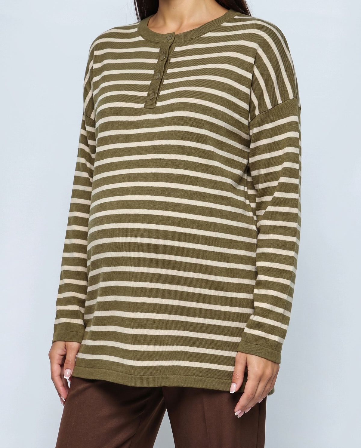 Marin Striped V-Neck Top in Olive stripe, fabric detail