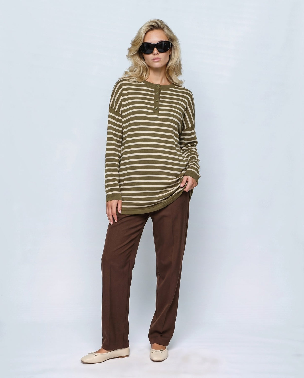 Marin Striped V-Neck Top in Olive stripe, front view on a non-pregnant model