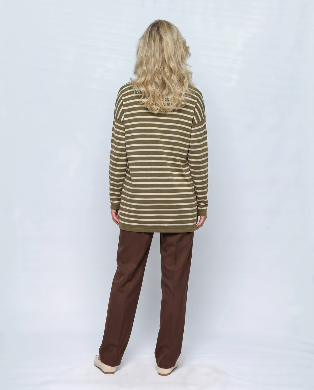Marin Striped V-Neck Top in Olive stripe, back view on a non-pregnant model