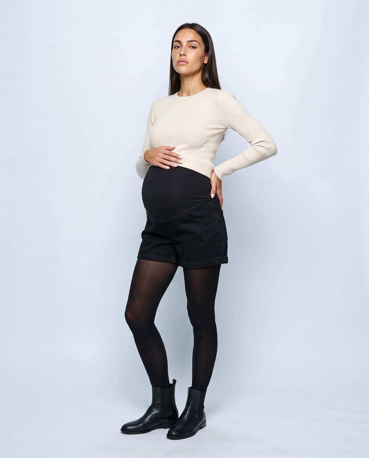 Mila Maternity Denim Shorts in Black denim, front view