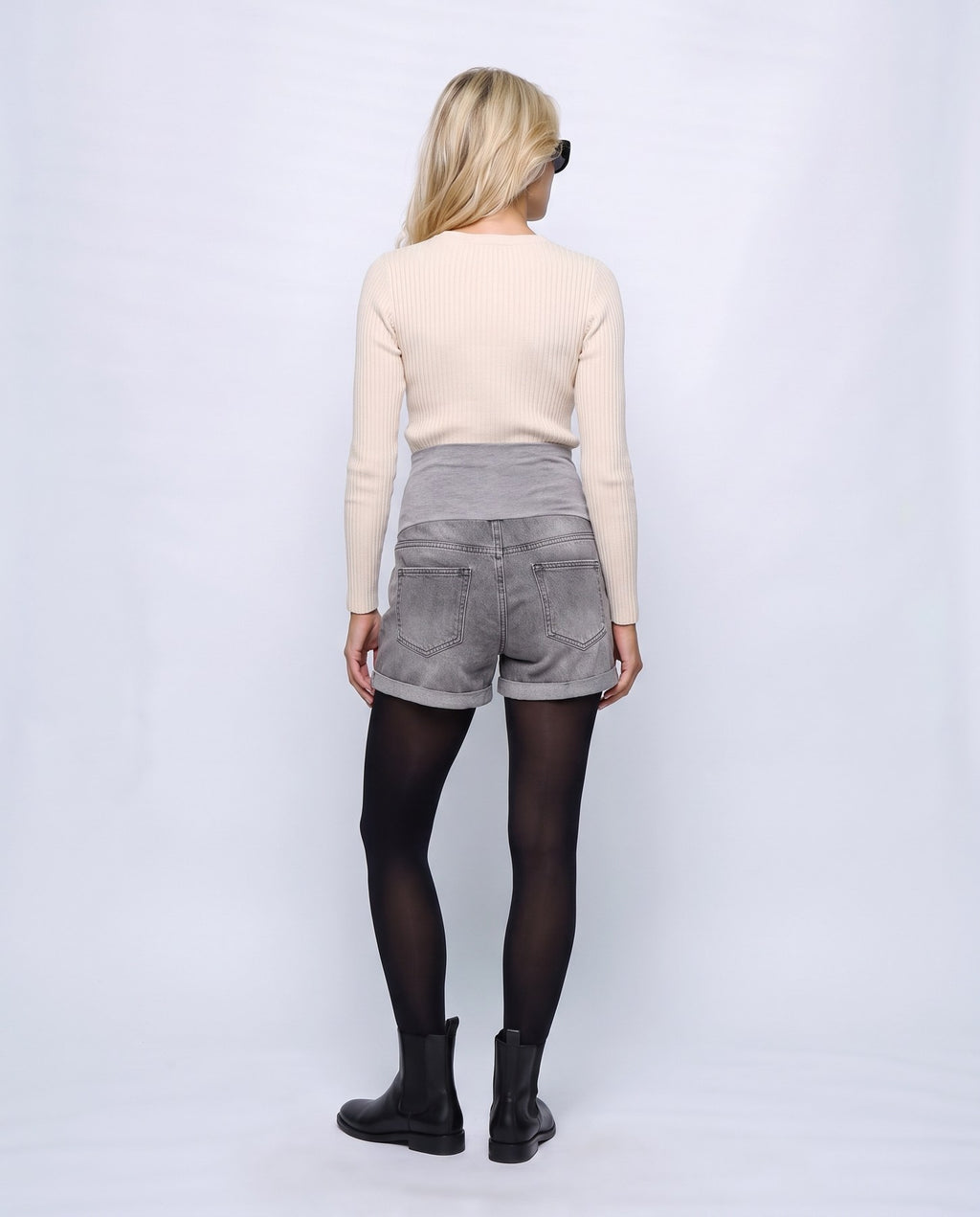 Mila Maternity Denim Shorts in Grey denim, back view on a non-pregnant model