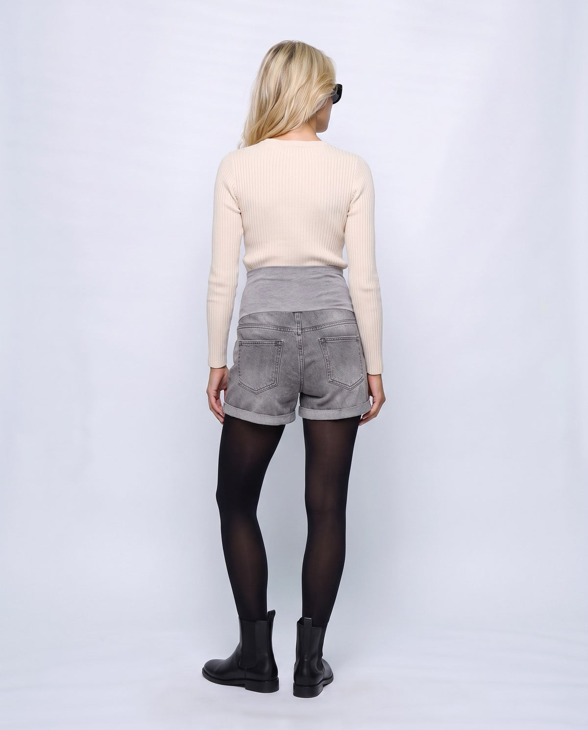 Mila Maternity Denim Shorts in Grey denim, back view on a non-pregnant model