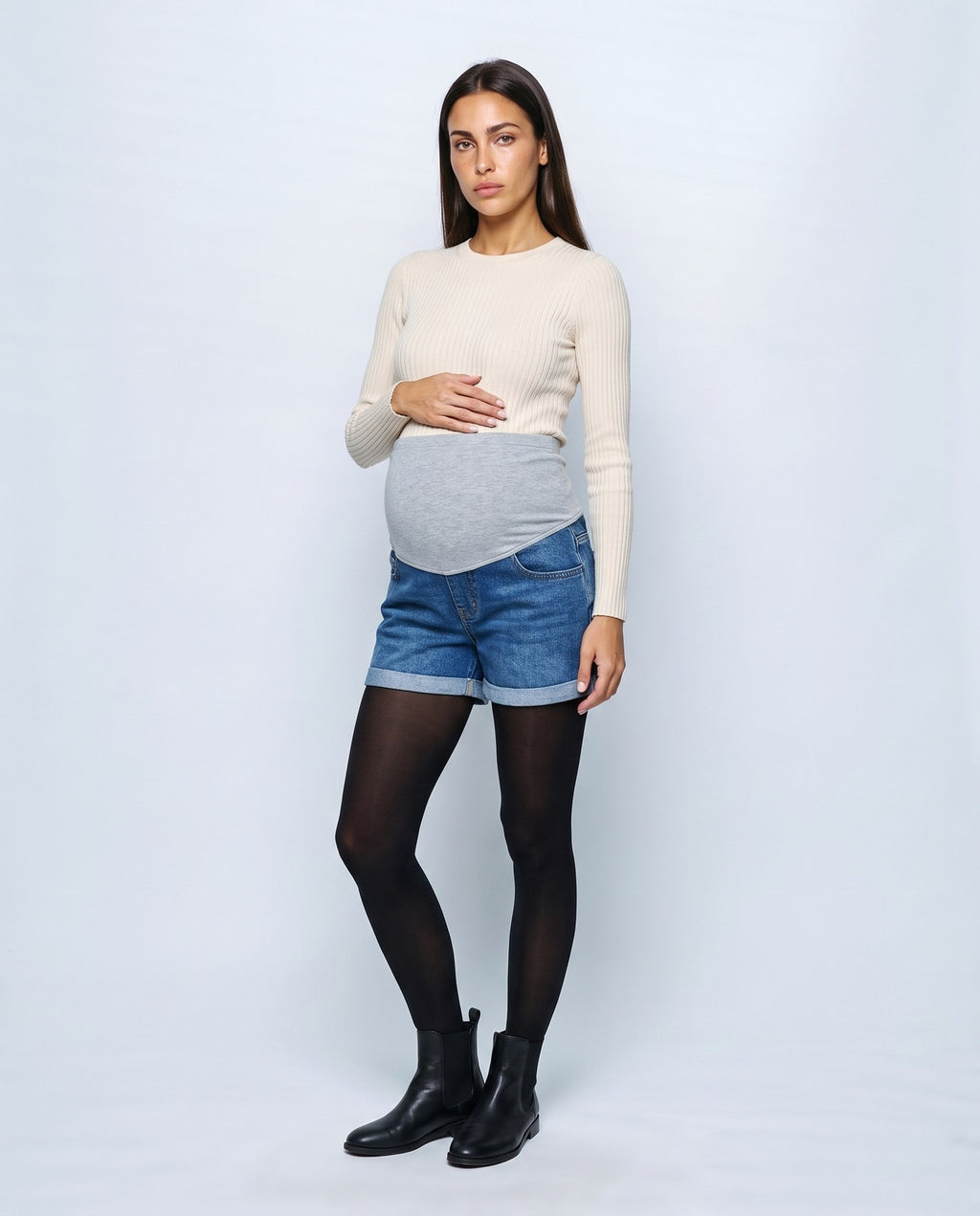 Mila Maternity Denim Shorts in Indigo denim, front view