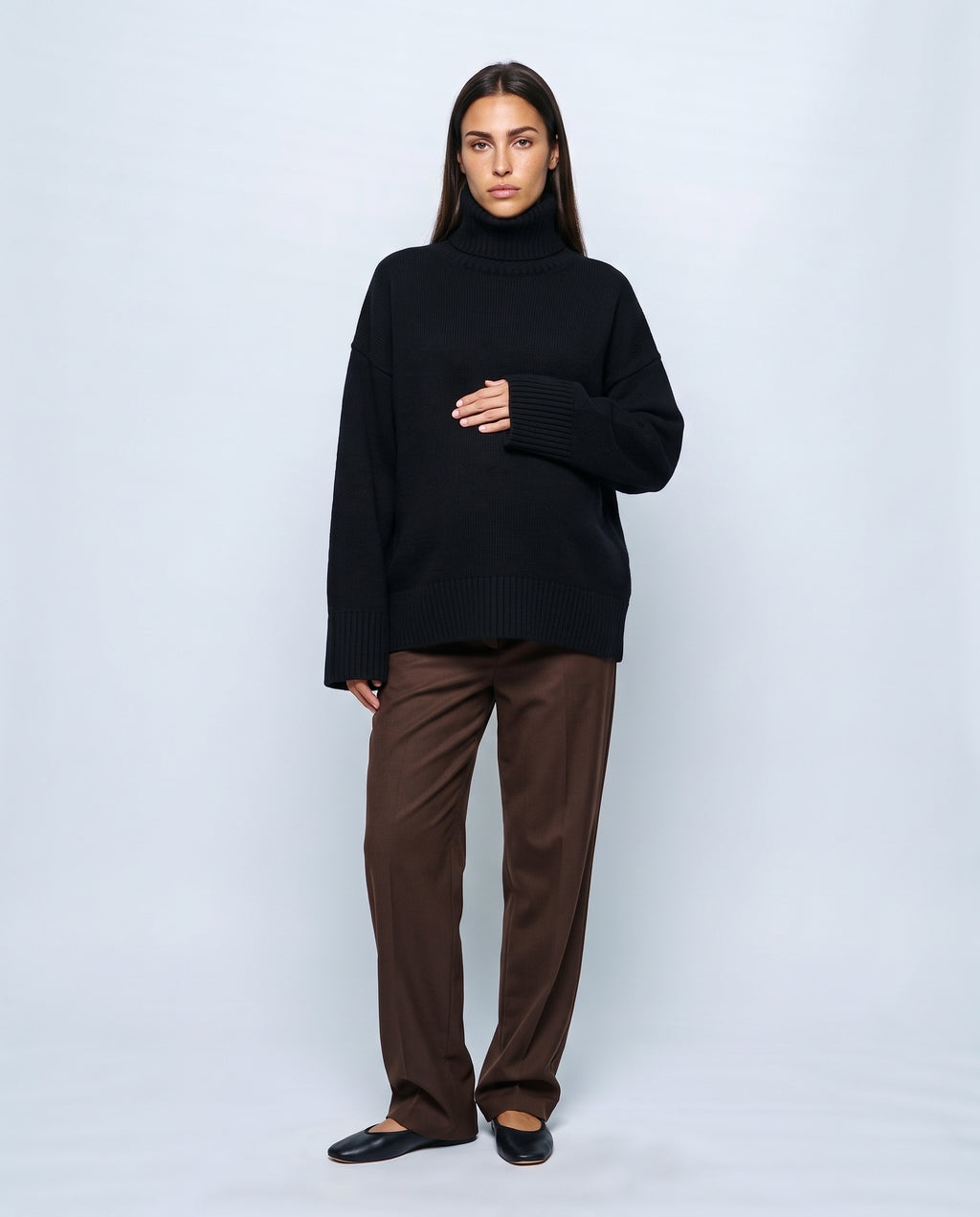 Louise Relaxed Roll-Neck Sweater in Black, front view