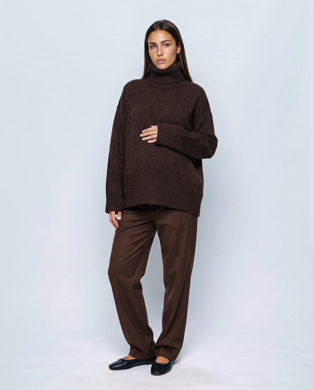 Louise Relaxed Roll-Neck Sweater in Café brown, front view