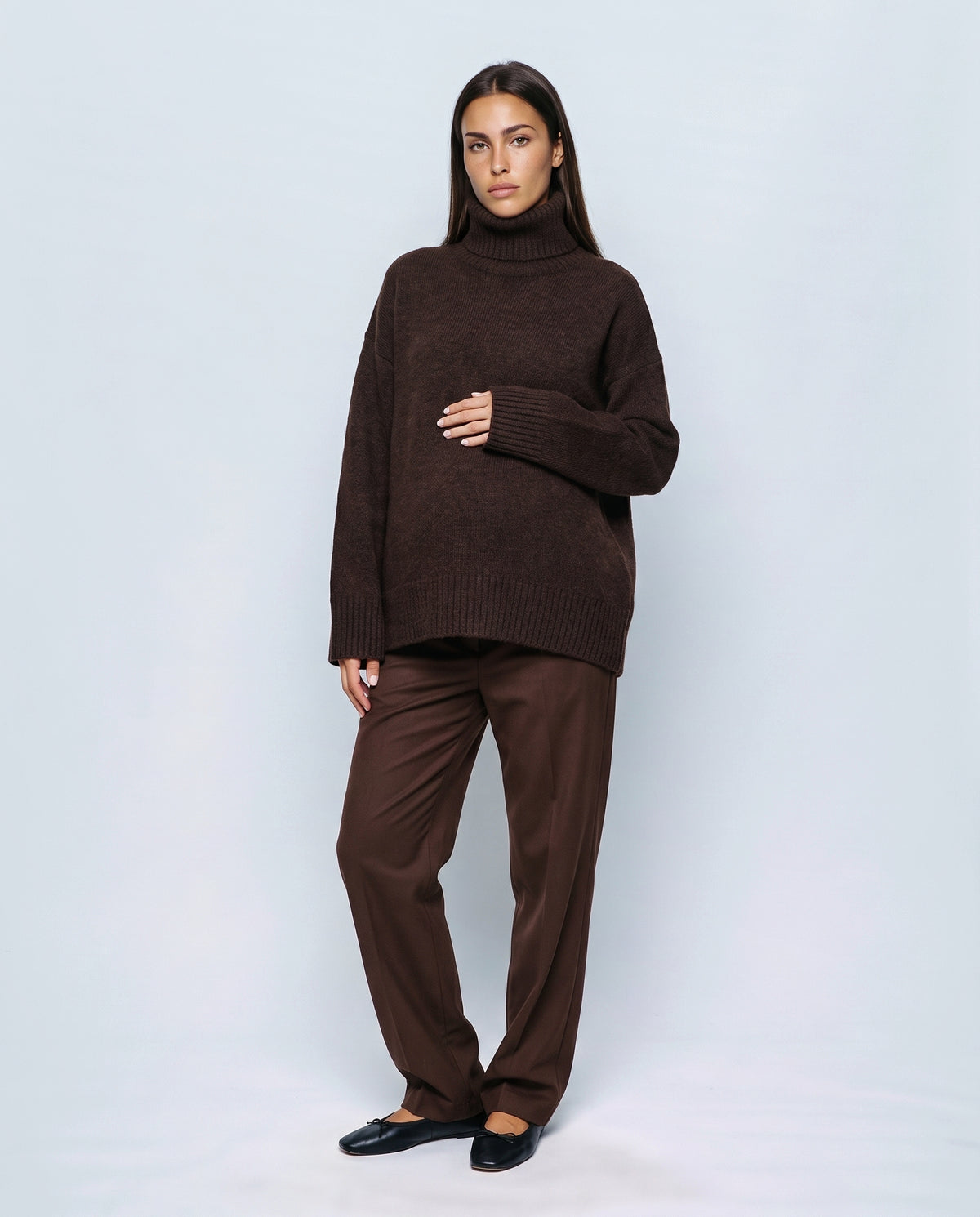 Louise Relaxed Roll-Neck Sweater in Café brown, front view