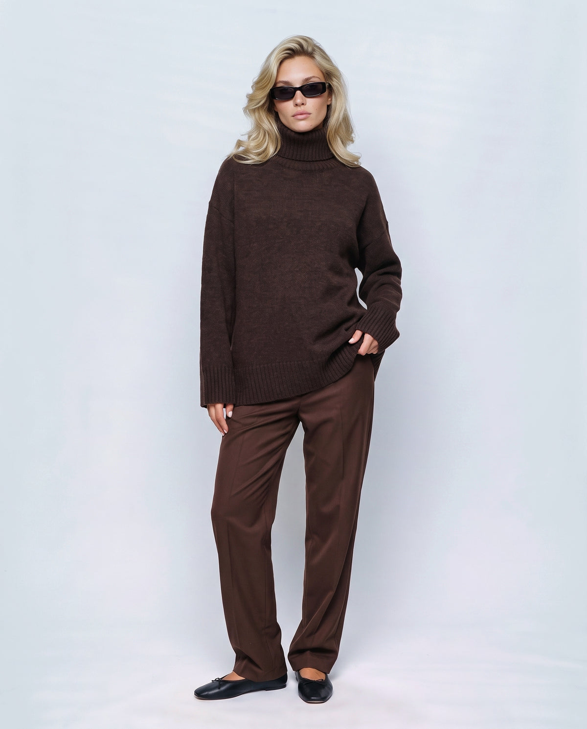 Louise Relaxed Roll-Neck Sweater in Café brown, front view on a non-pregnant model
