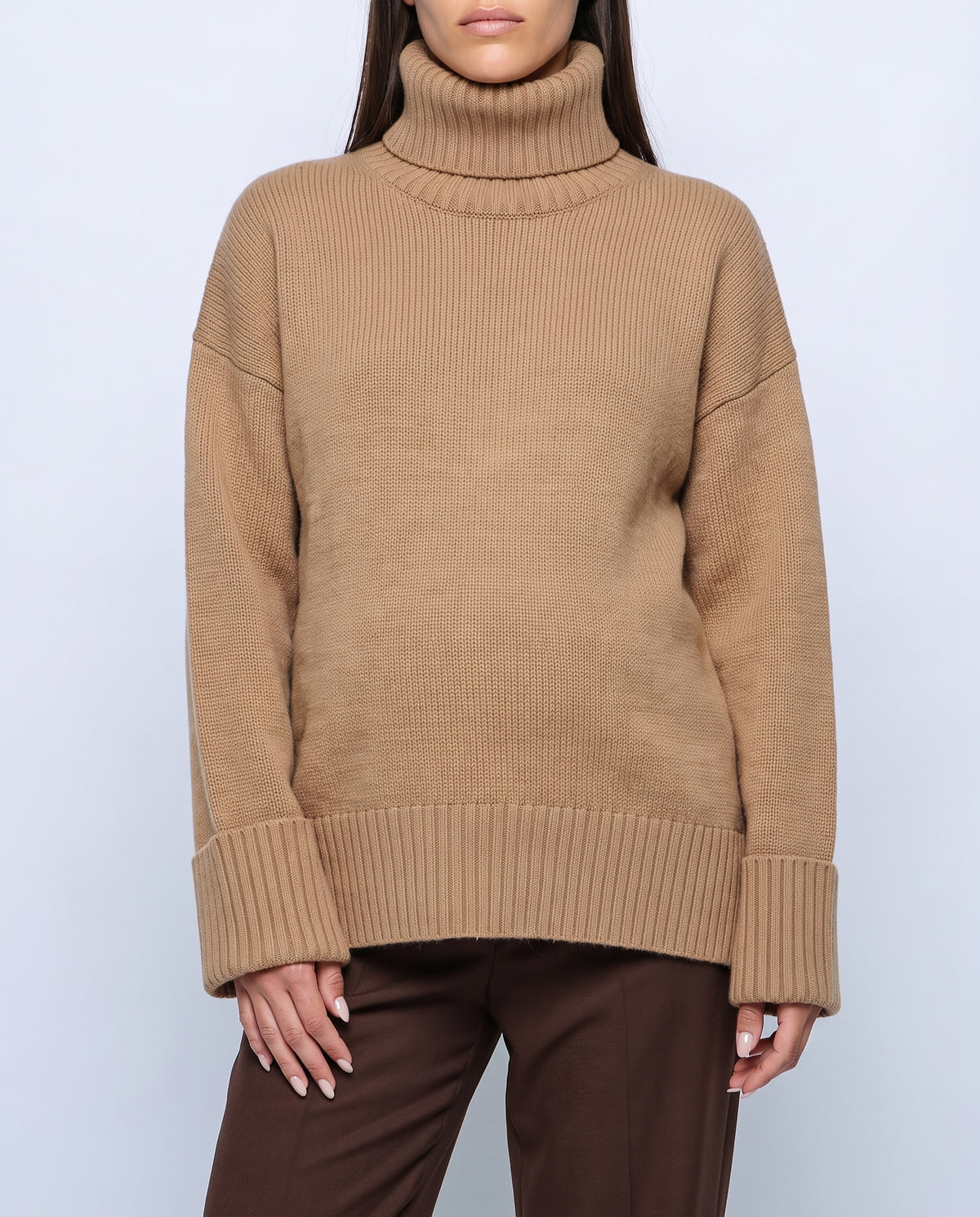 Louise Relaxed Roll-Neck Sweater in Camel, fabric detail
