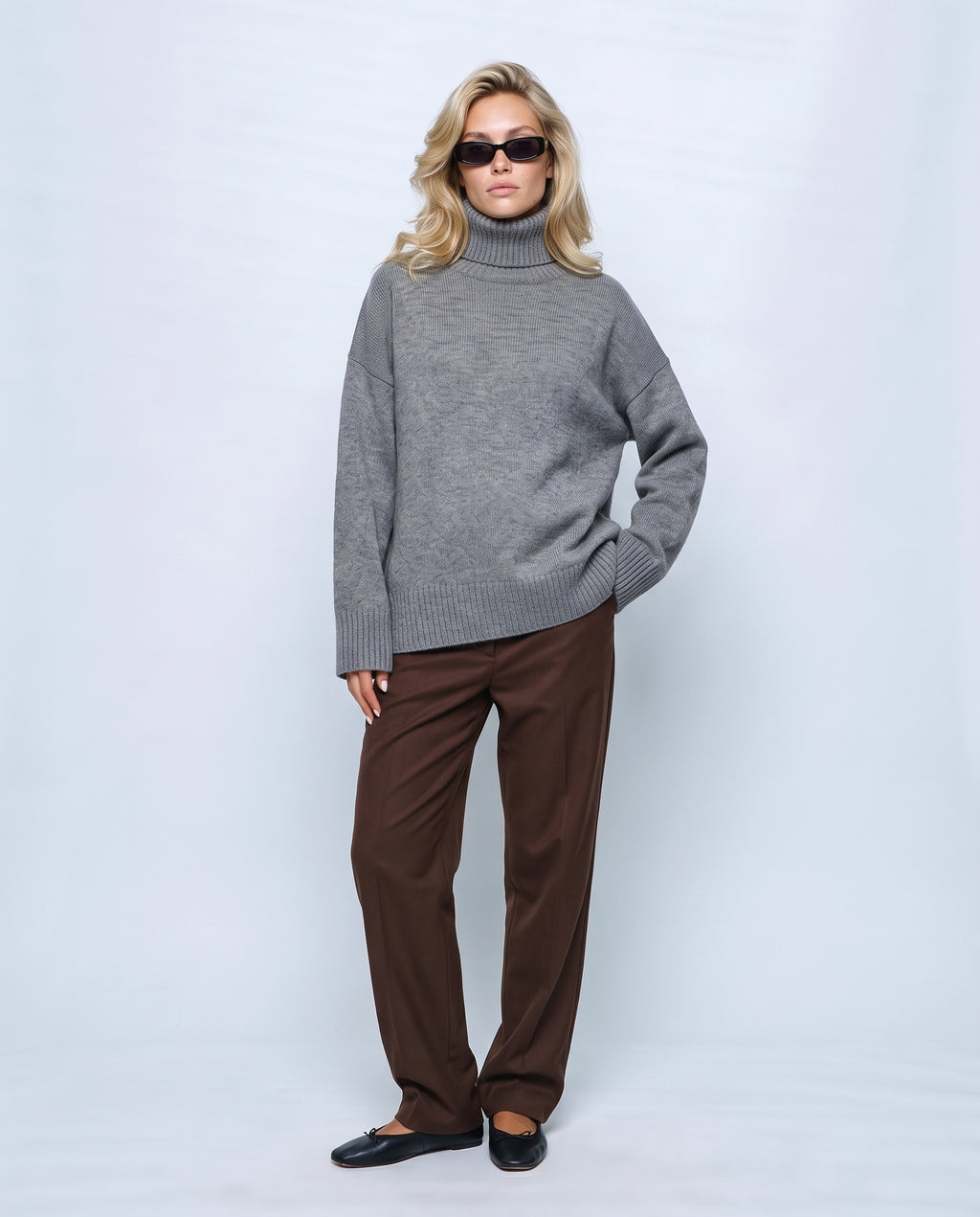Louise Relaxed Roll-Neck Sweater in Grey, front view on a non-pregnant model