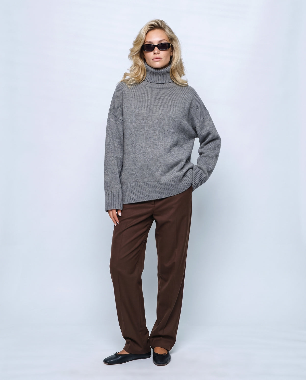 Louise Relaxed Roll-Neck Sweater in Grey, front view on a non-pregnant model