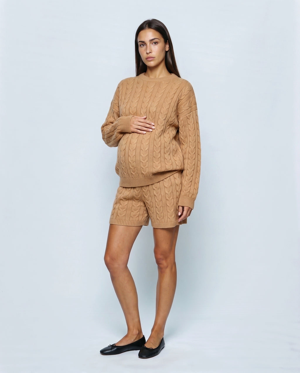 The Cable Knit Shorts Set in Caramel, front view