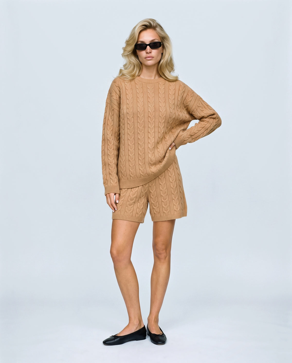 The Cable Knit Shorts Set in Caramel, front view on a non-pregnant model