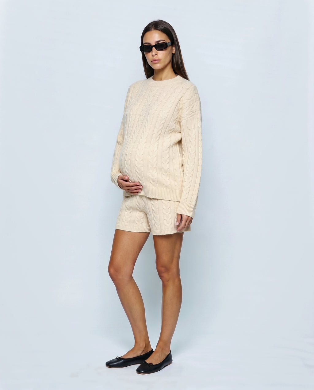 The Cable Knit Shorts Set in Cream, side view