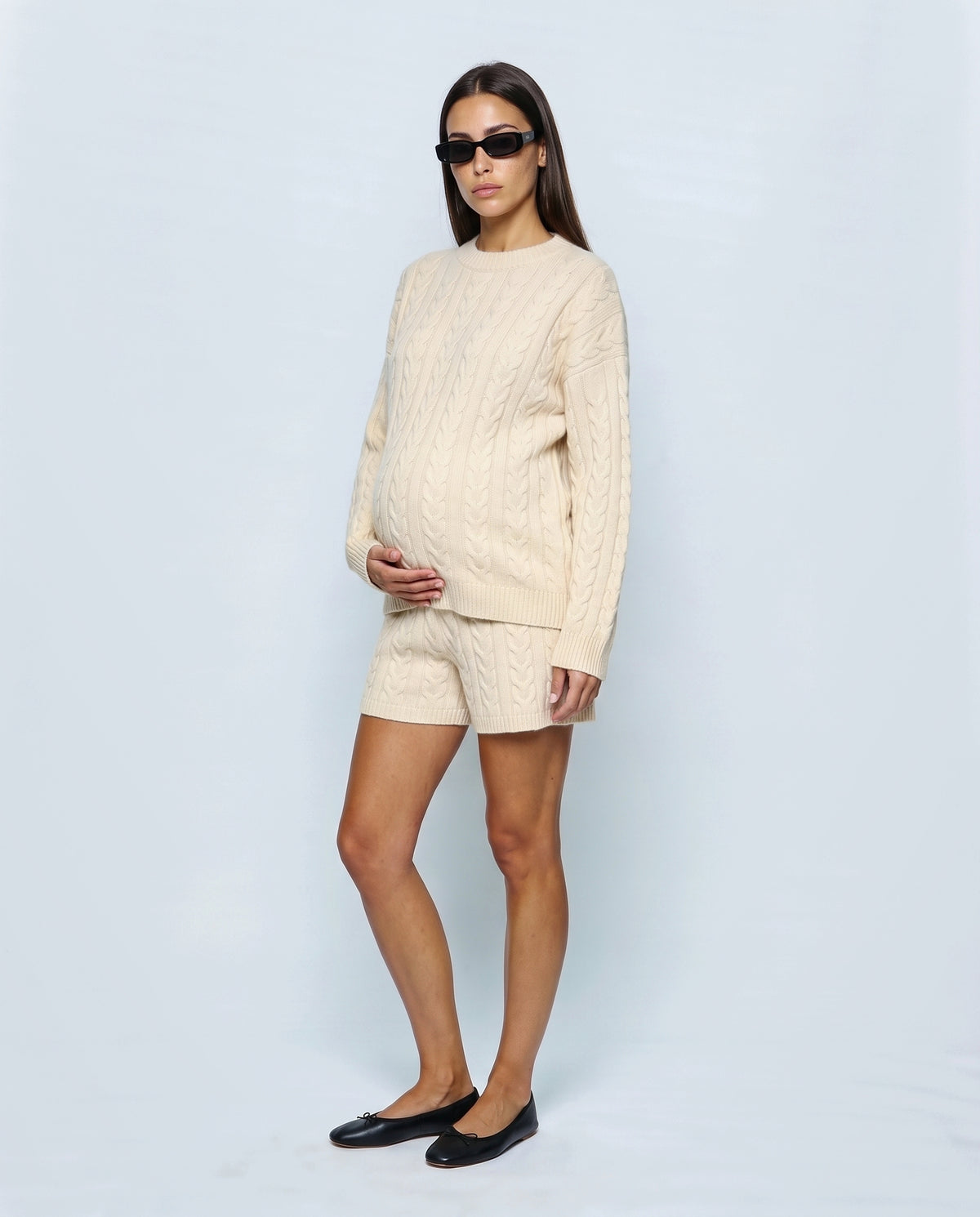 The Cable Knit Shorts Set in Cream, side view
