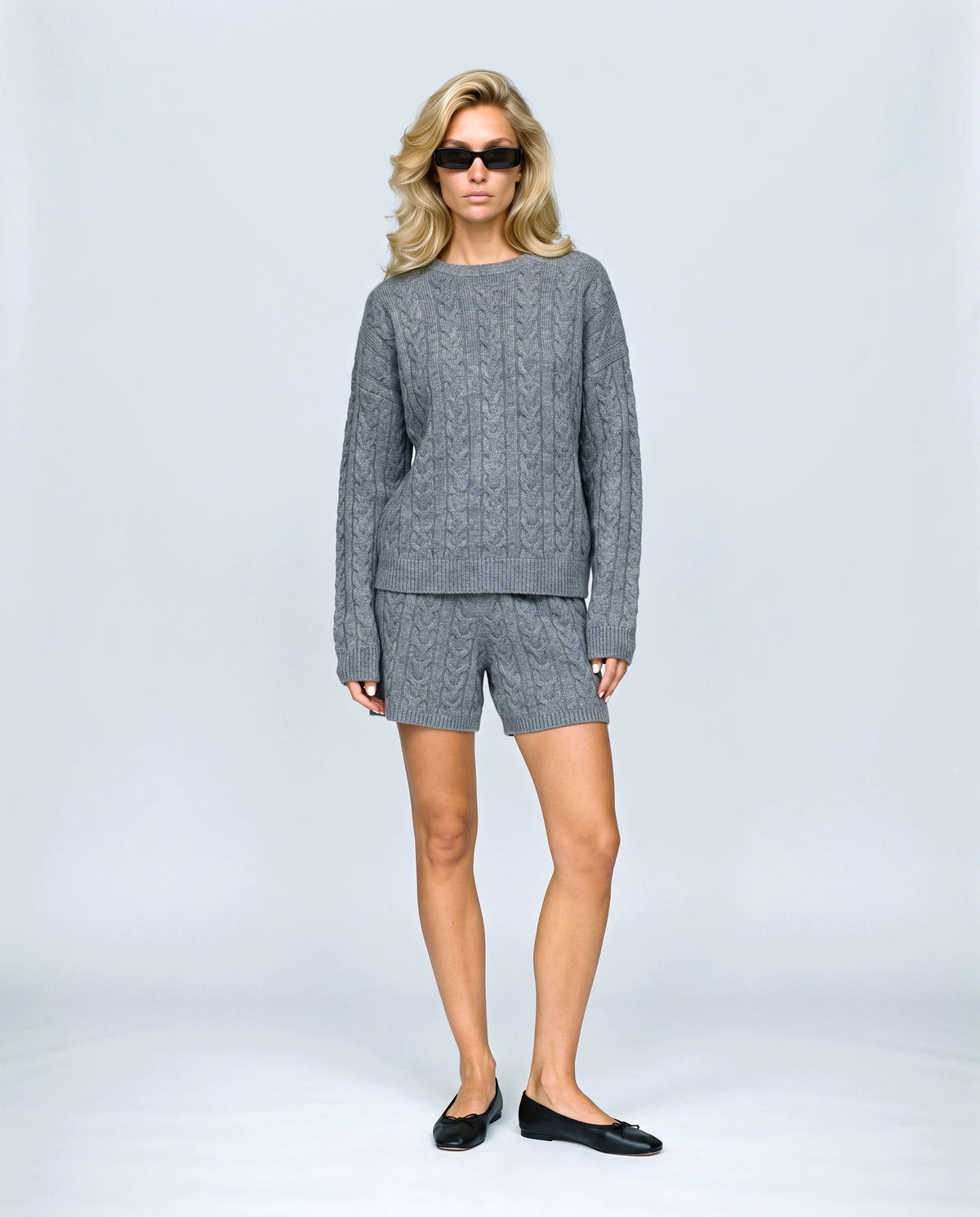 The Cable Knit Shorts Set in Grey blue, front view on a non-pregnant model
