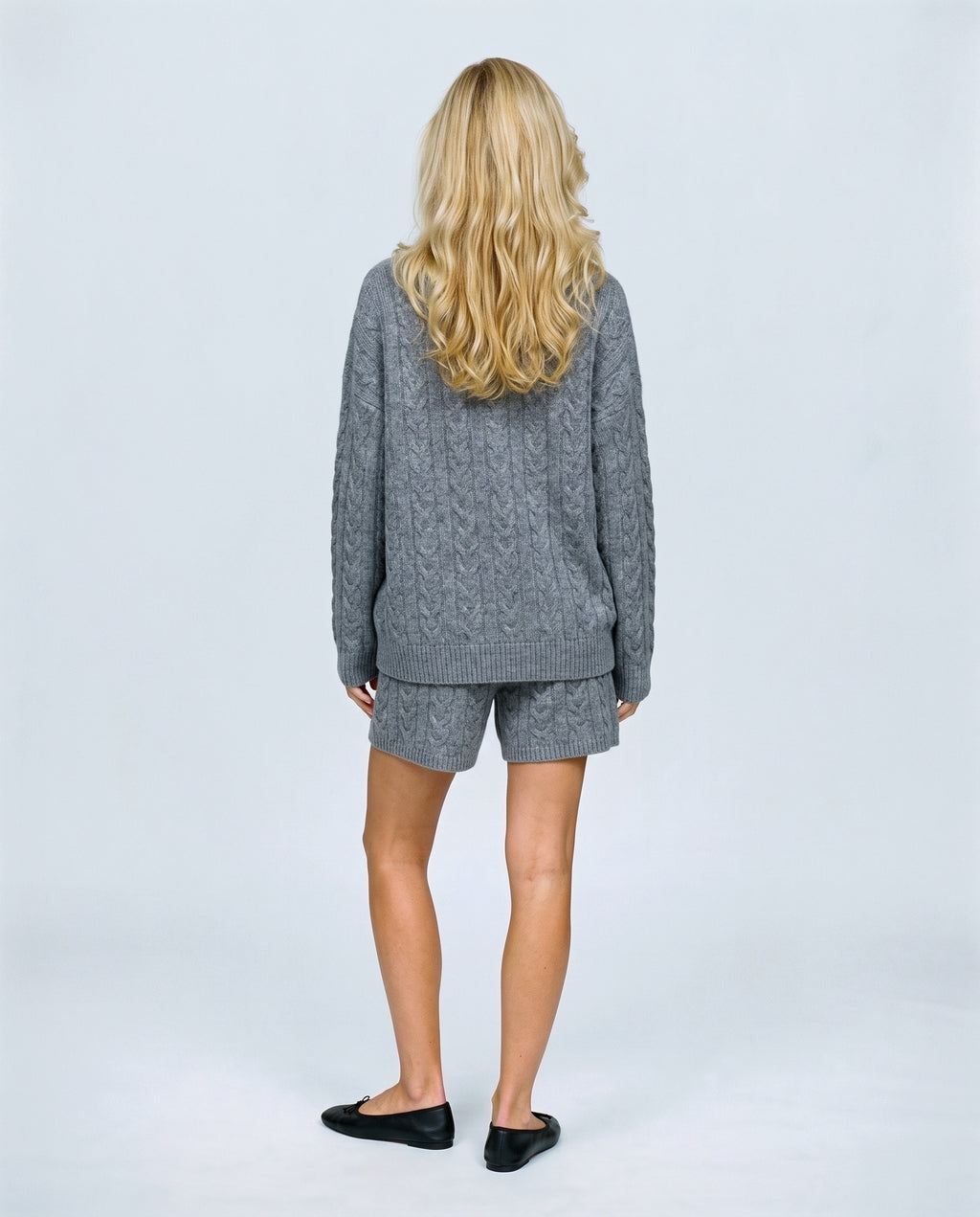 The Cable Knit Shorts Set in Grey blue, back view on a non-pregnant model