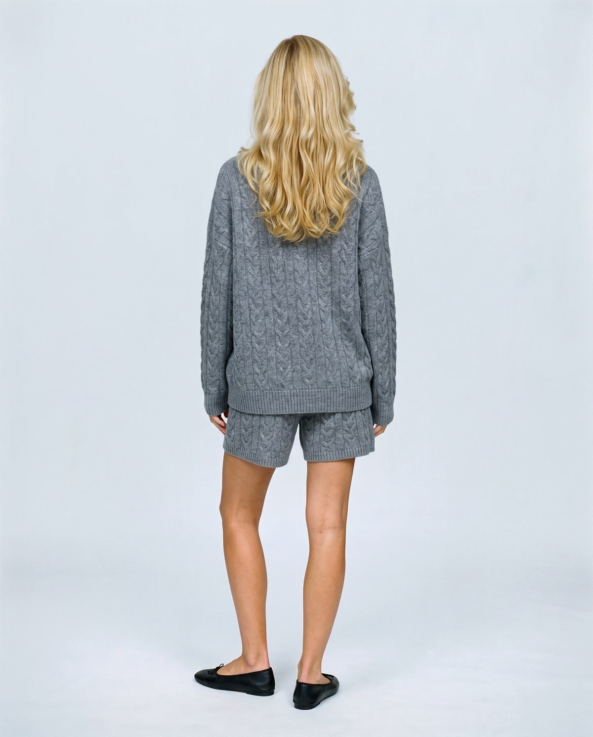 The Cable Knit Shorts Set in Grey blue, back view on a non-pregnant model