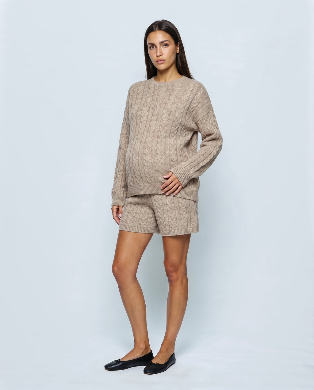The Cable Knit Shorts Set in Oatmeal, front view