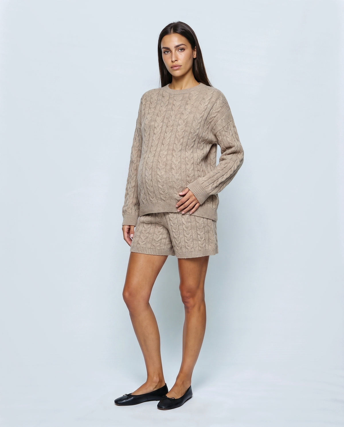 The Cable Knit Shorts Set in Oatmeal, front view
