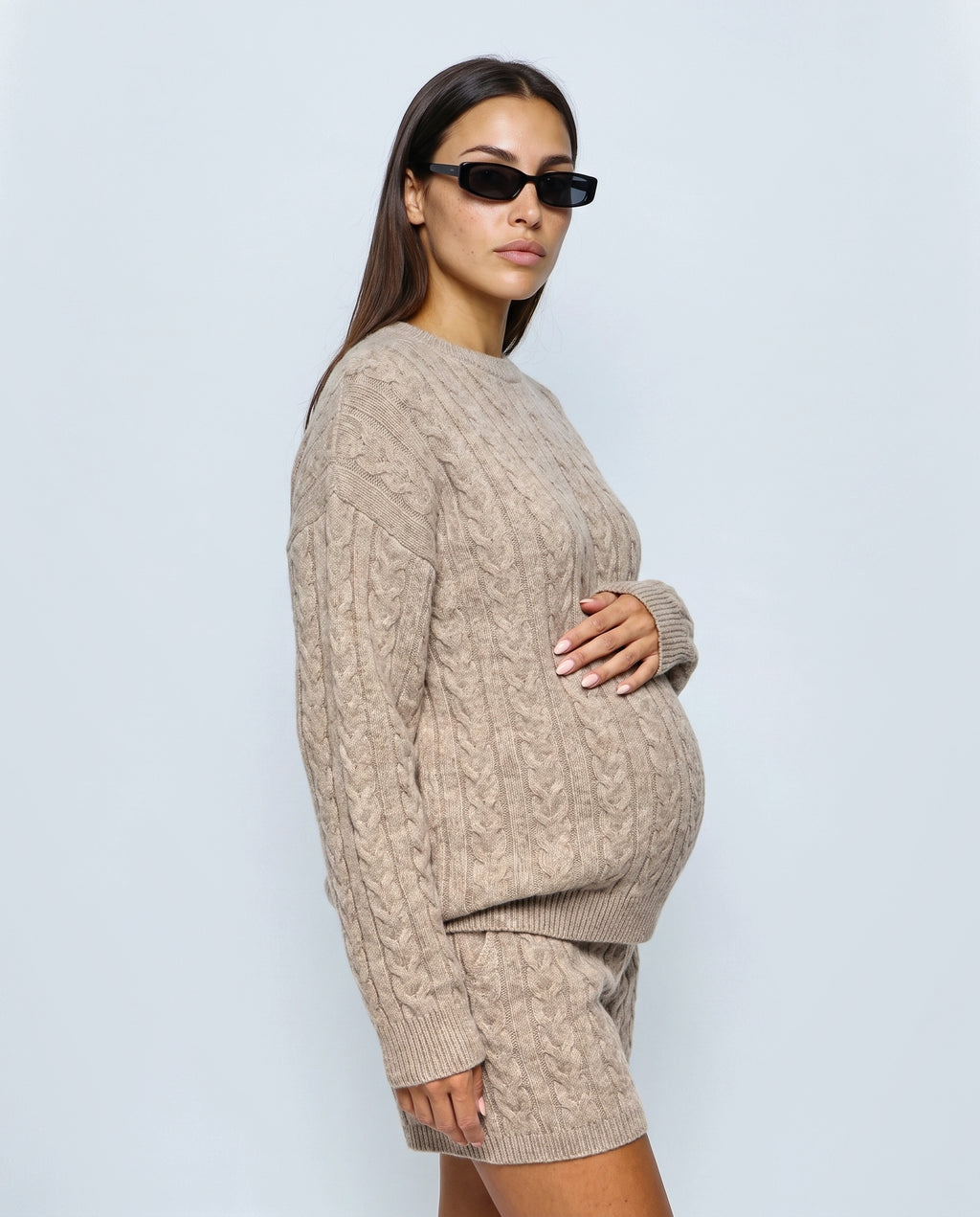 The Cable Knit Shorts Set in Oatmeal, side view