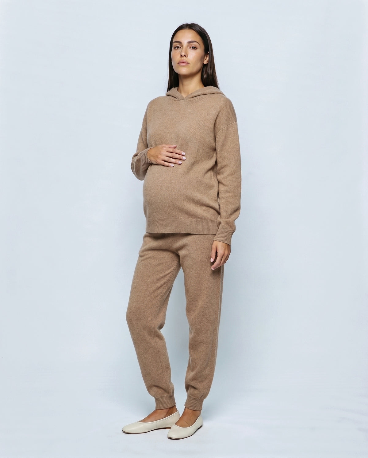 The Hooded Knit Lounge Set in Camel, front view