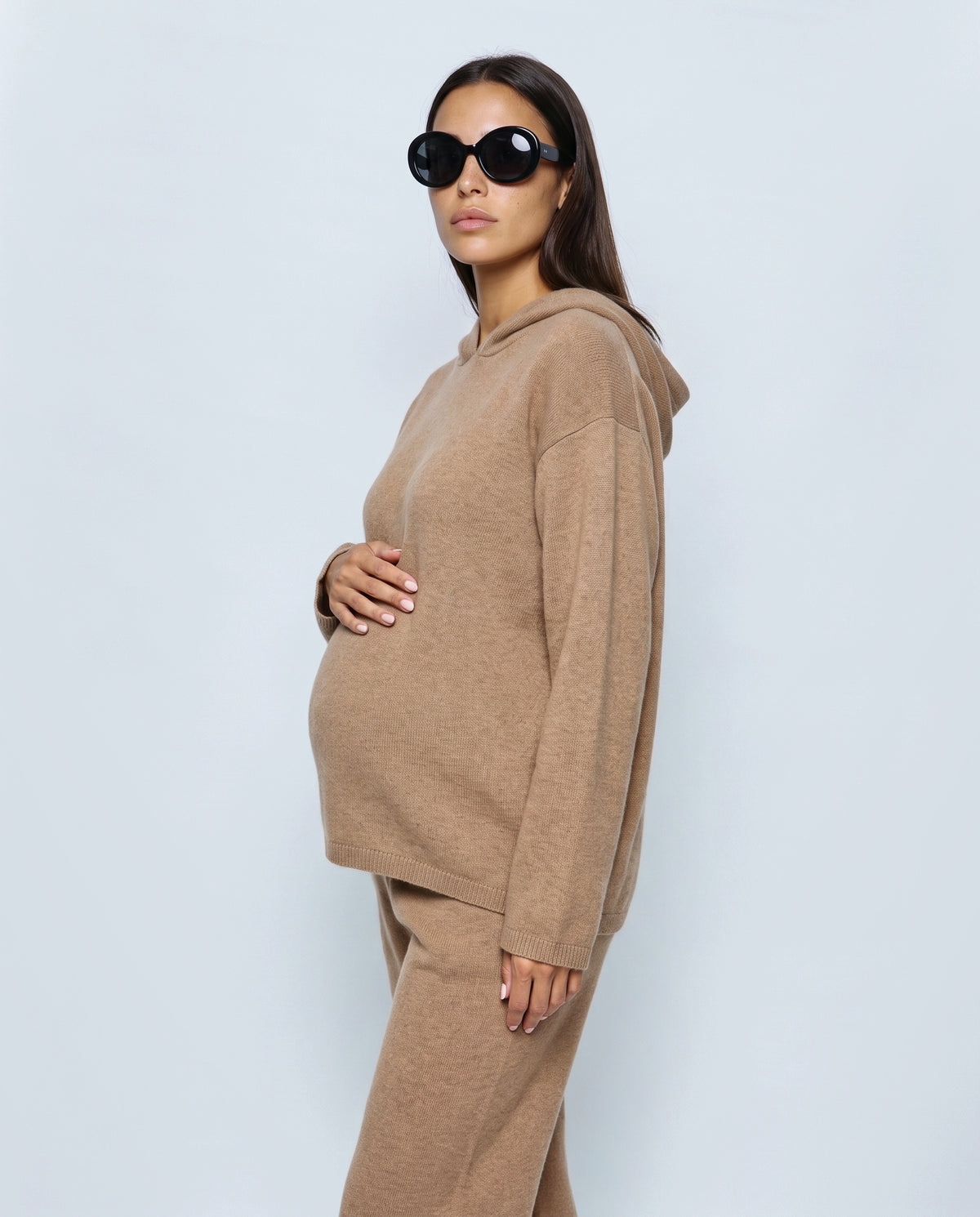 The Hooded Knit Lounge Set in Camel, side view
