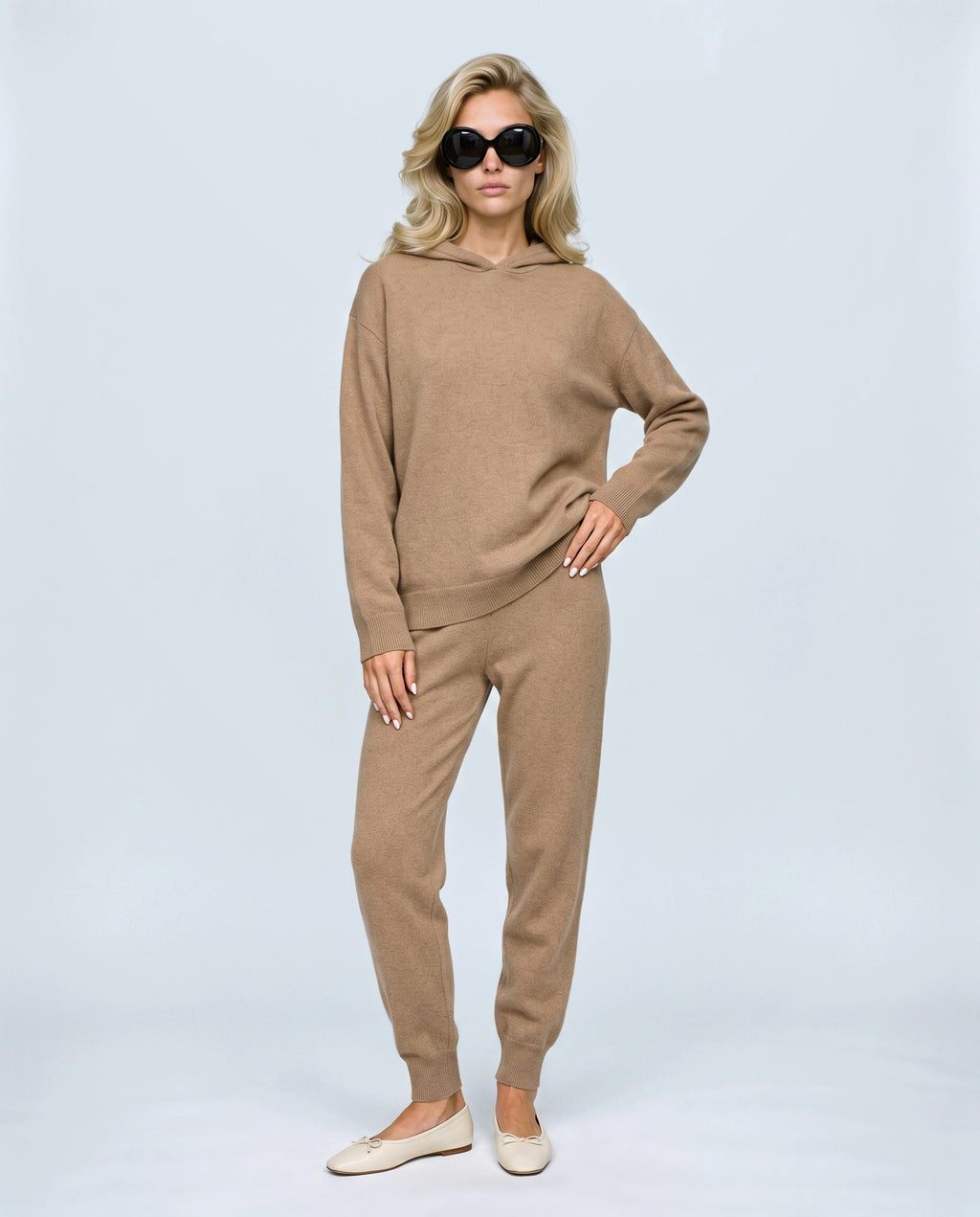 The Hooded Knit Lounge Set in Camel, front view on a non-pregnant model