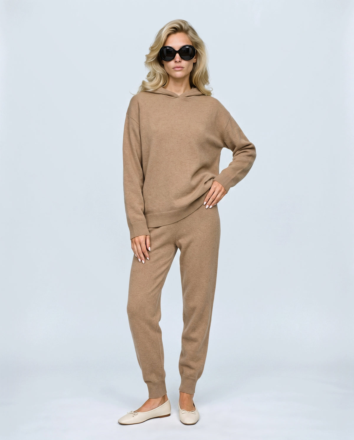 The Hooded Knit Lounge Set in Camel, front view on a non-pregnant model