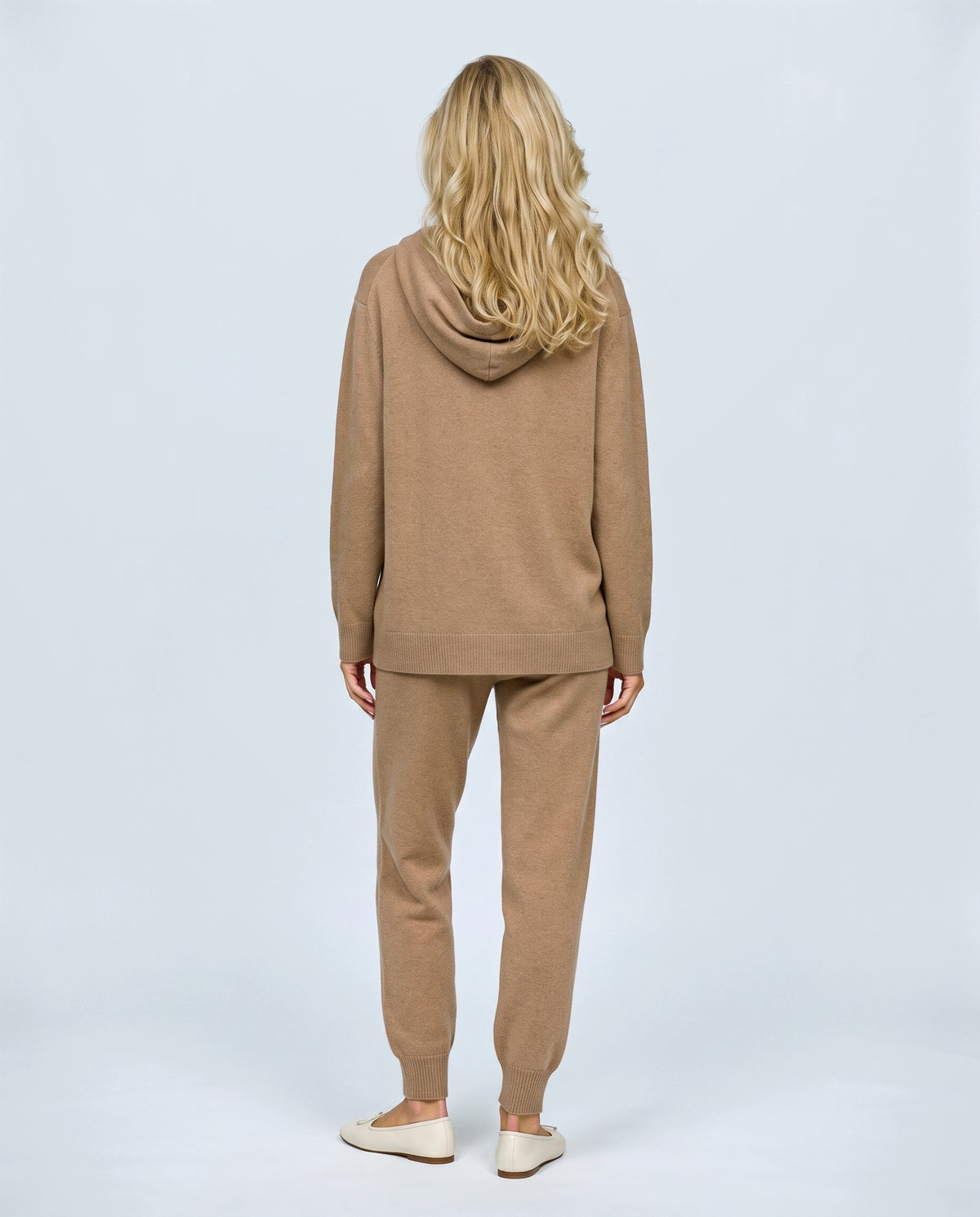 The Hooded Knit Lounge Set in Camel, back view on a non-pregnant model