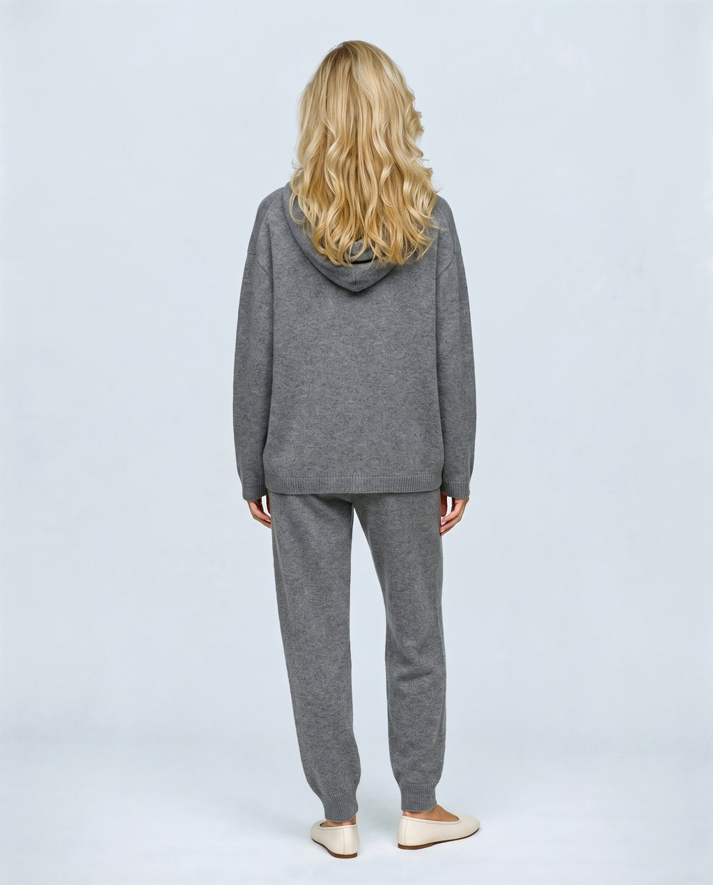 The Hooded Knit Lounge Set in Grey, back view on a non-pregnant model