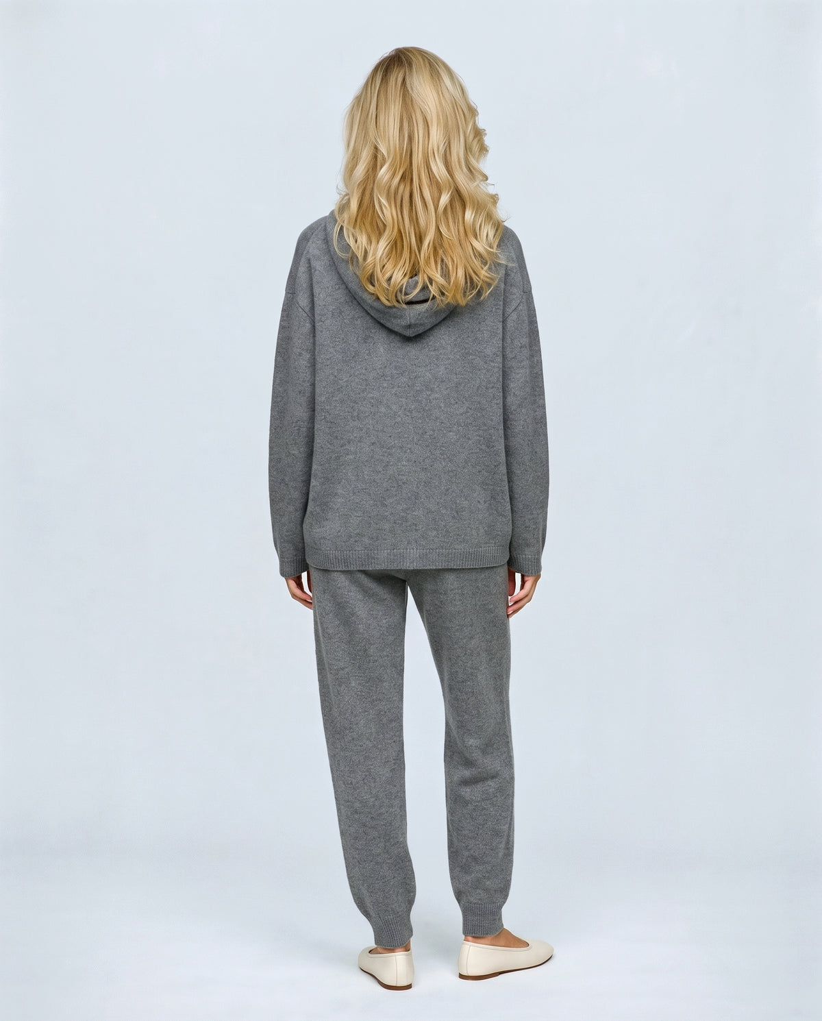 The Hooded Knit Lounge Set in Grey, back view on a non-pregnant model