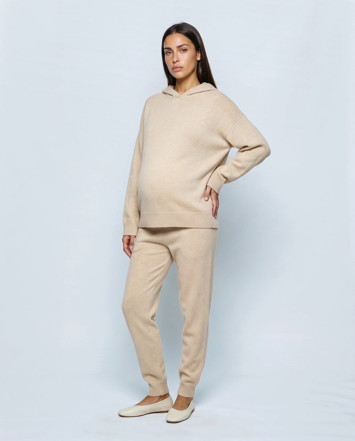 The Hooded Knit Lounge Set in Oatmeal, front view
