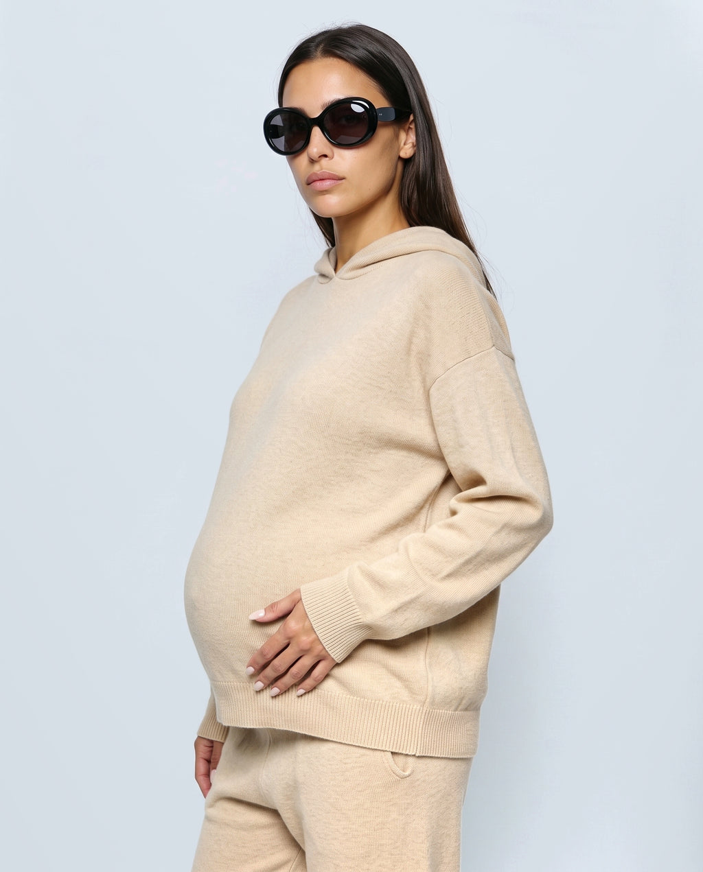 The Hooded Knit Lounge Set in Oatmeal, side view