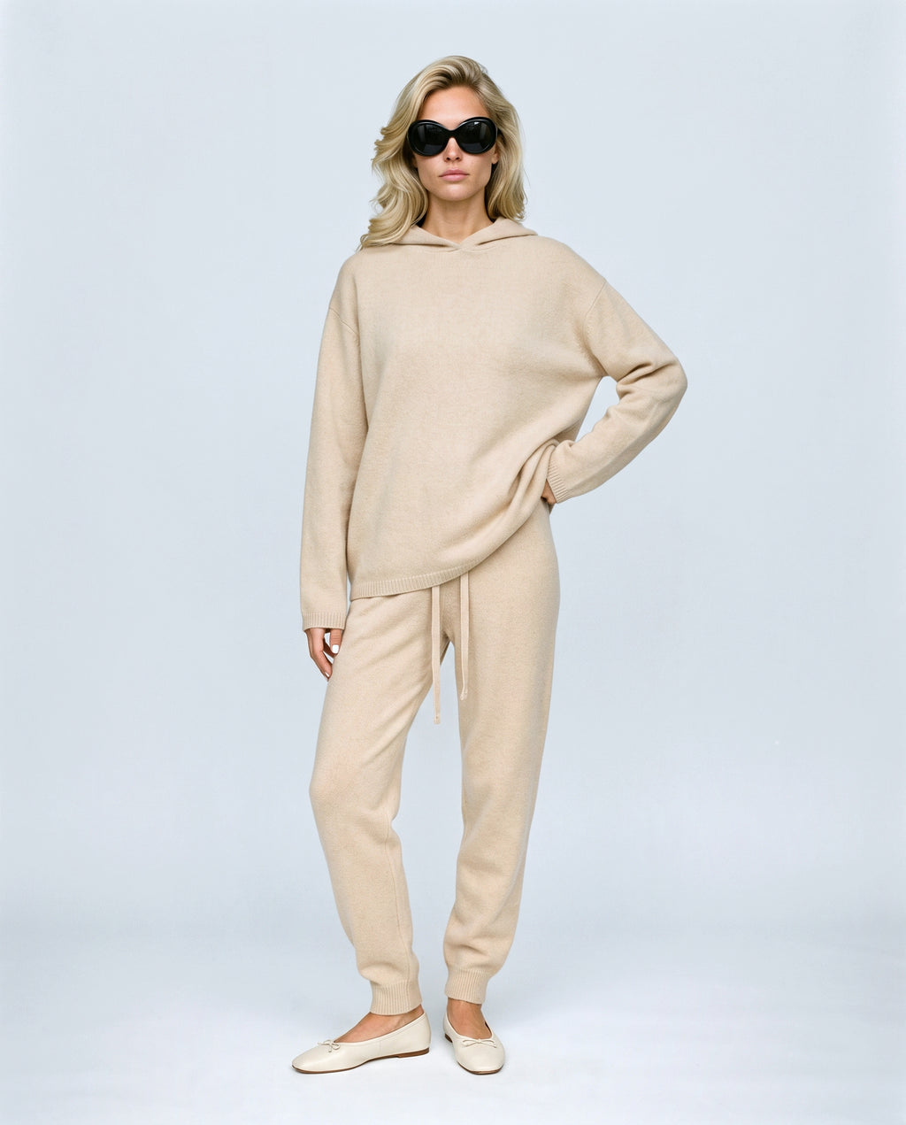 The Hooded Knit Lounge Set in Oatmeal, front view on a non-pregnant model