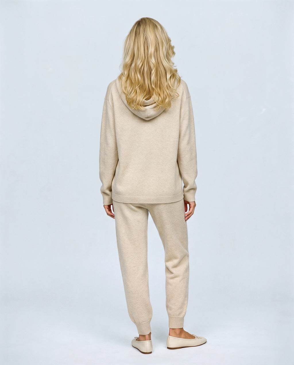 The Hooded Knit Lounge Set in Oatmeal, back view on a non-pregnant model