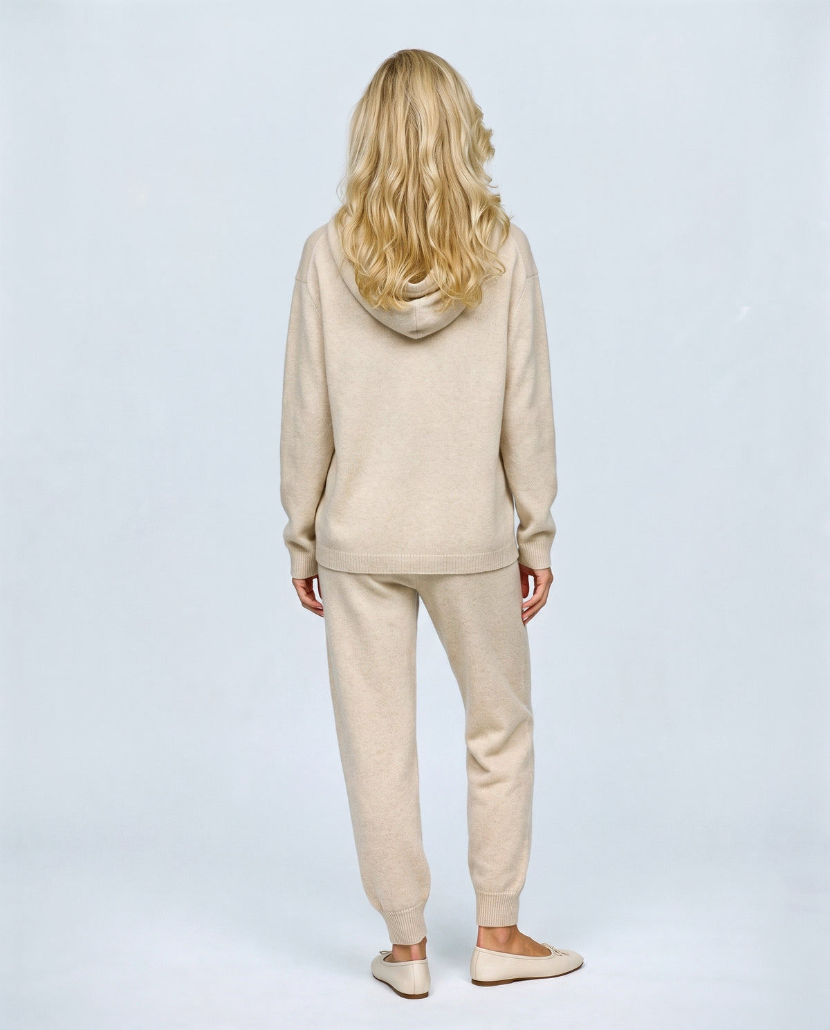 The Hooded Knit Lounge Set in Oatmeal, back view on a non-pregnant model