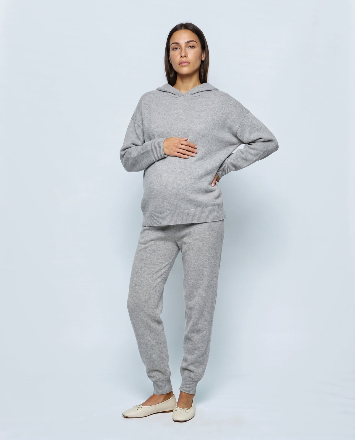 The Hooded Knit Lounge Set in Pale grey, front view